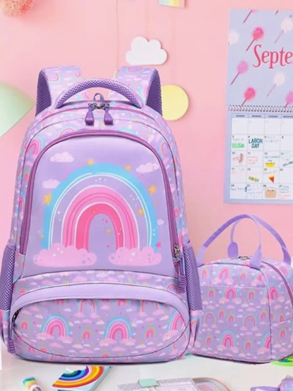 Purple Rainbow Backpack for Girls Unicorn Bookbag School Bag 3 Piece Set